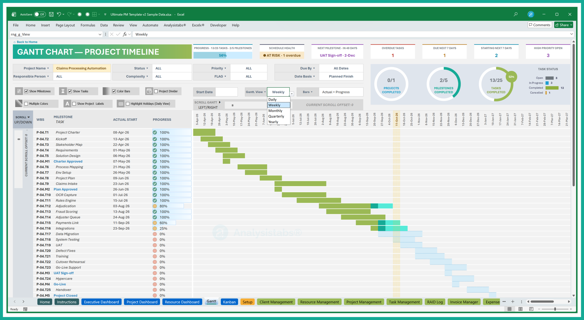 Interactive Excel Gantt chart – planned vs actual bars filled by % complete, with project and date filters