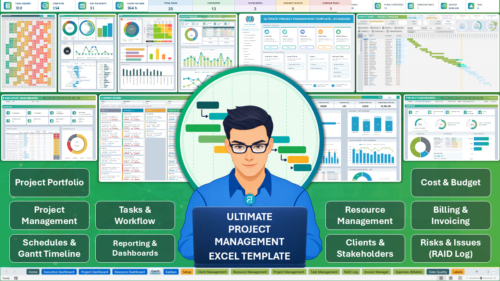 Ultimate Project Management Excel Template featuring dashboards, a Gantt timeline, Kanban board, and project management tools