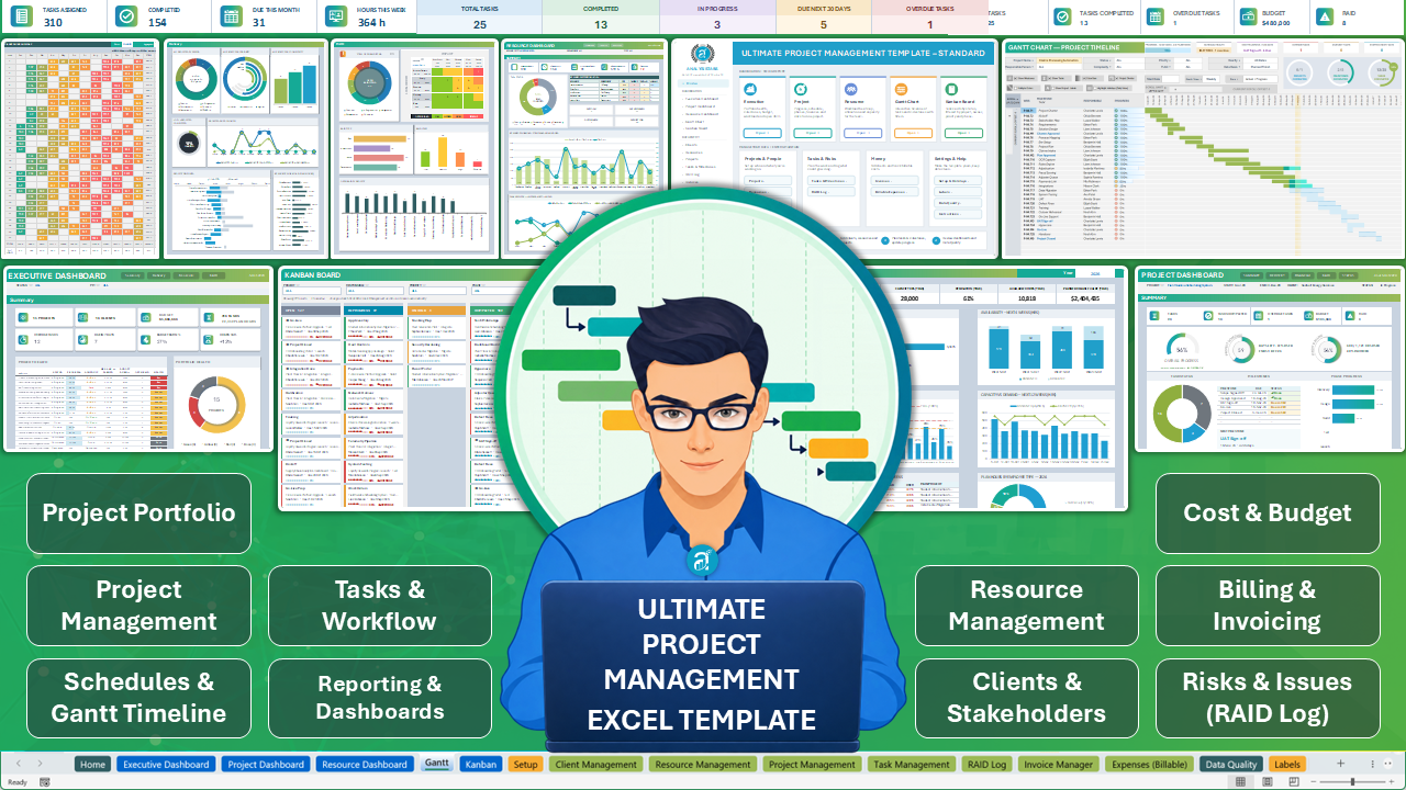 Ultimate Project Management Excel Template featuring dashboards, a Gantt timeline, Kanban board, and project management tools