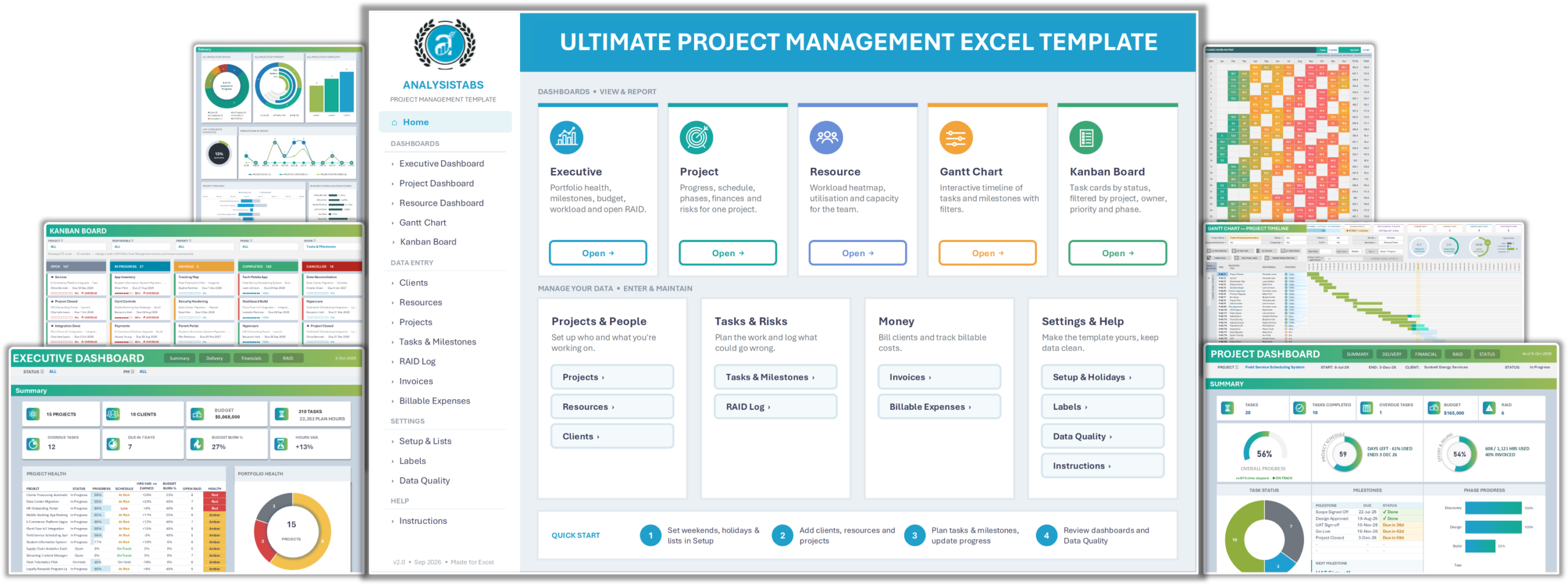 Excel project management template workbook showing an executive dashboard, Gantt chart and Kanban board