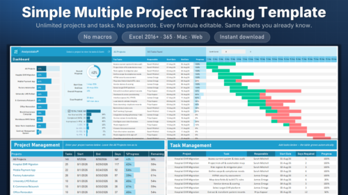 Simple Multiple Project Tracker in Excel: Dashboard, Gantt Chart, Multiple Projects & Unlimited Tasks Management