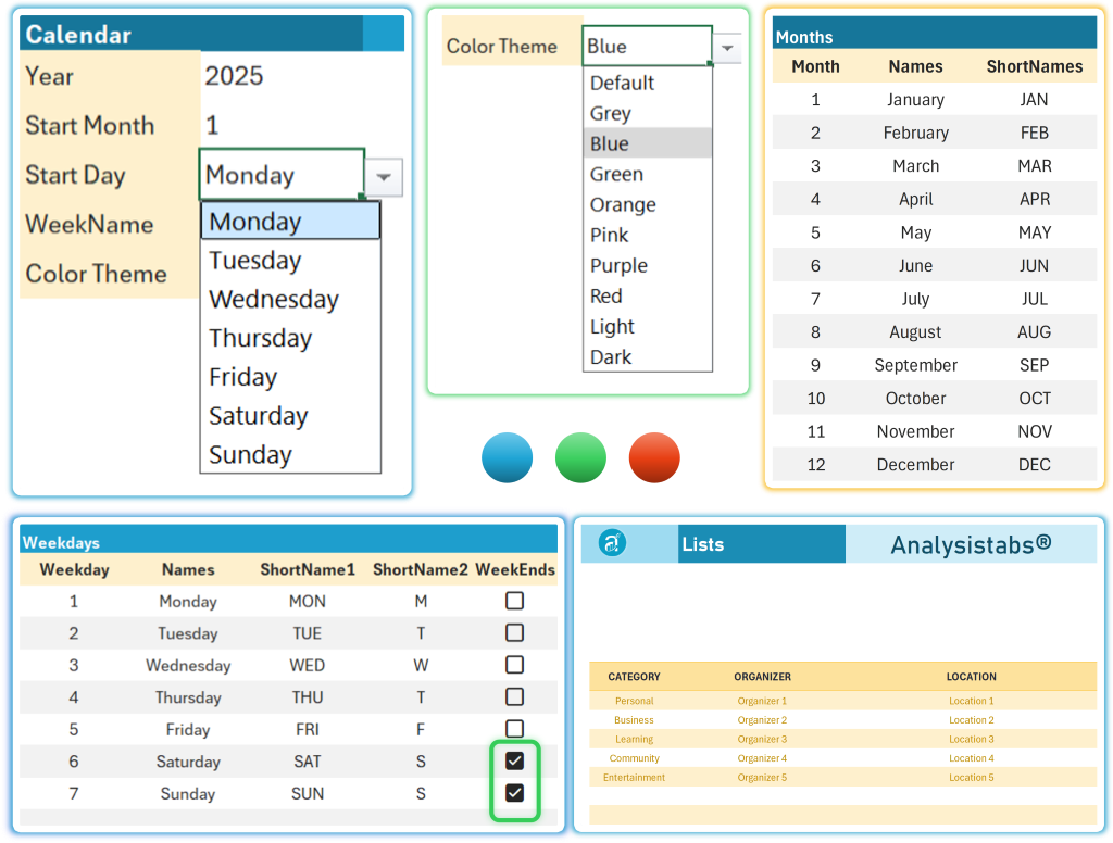 Analysistabs Events Calendar Template Lists and Settings