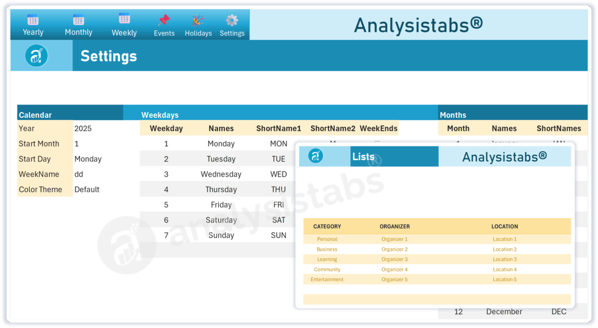 Analysistabs Events Calendar Template Setting and Lists