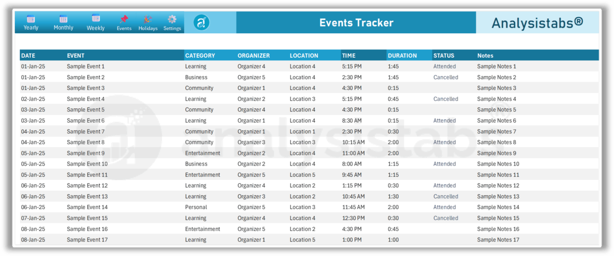 Analysistabs Events Tracking Excel Calendar Template