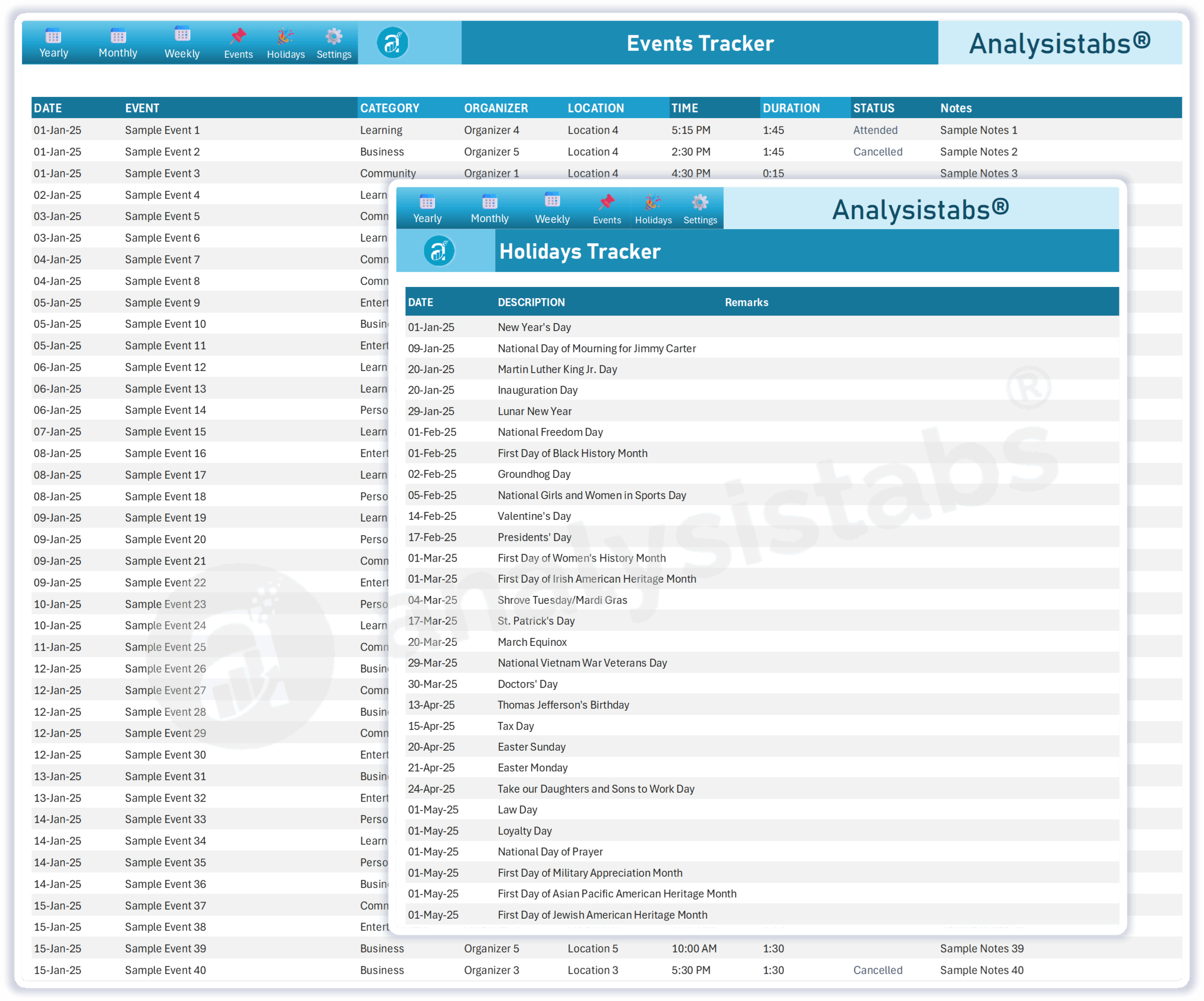 Analysistabs Events and Holiday Tracking Excel Calendar Template