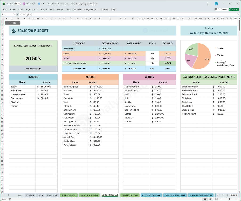50 30 20 Budget Template Budget by Paycheck Monthly Dashboard