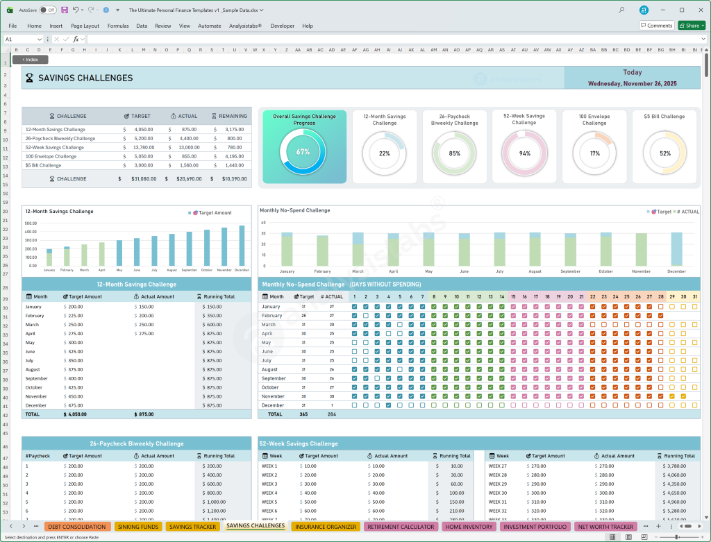 Savings Challenges Template Budget by Paycheck Monthly Dashboard