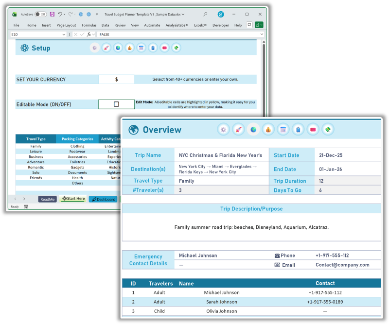 Travel Budget Planner Excel Template Overview and Settings Budget by Paycheck Monthly Dashboard