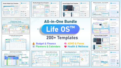 Life OS bundle cover — 200+ Excel templates for budget & finance, planners & calendars, ADHD focus, and health & wellness