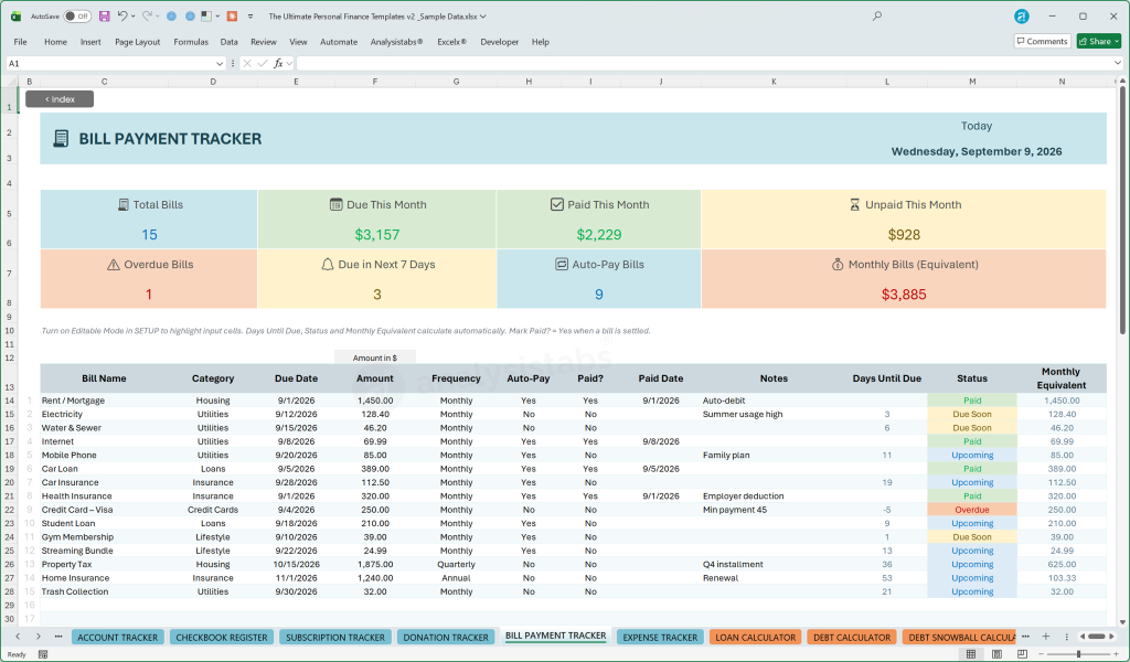 Bill Payment Tracker – month-at-a-glance bills with paid, due soon and overdue status