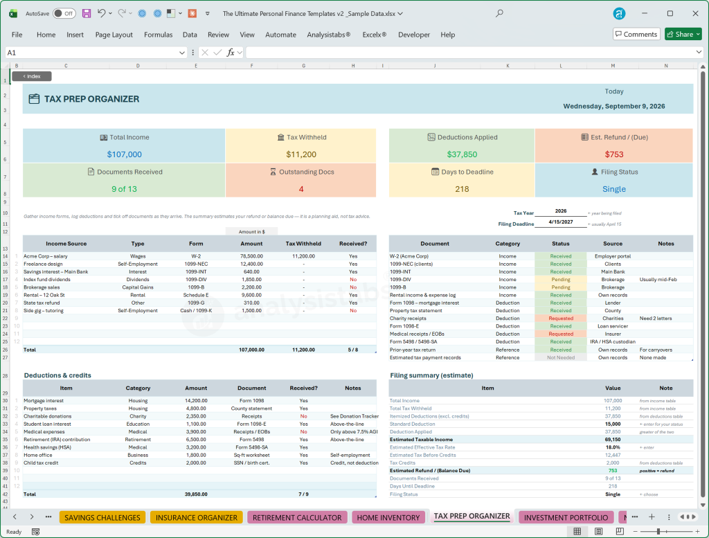 Tax Prep Organizer – income, deductions, document checklist and refund estimate