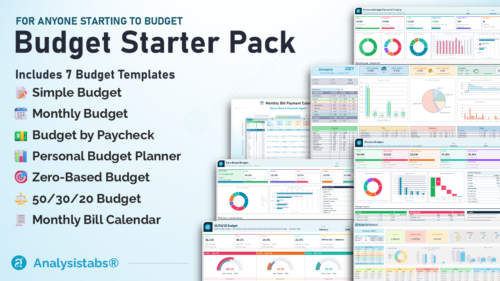 Budget Starter Pack – 7 Excel budget templates: Simple, Monthly, Budget by Paycheck, Personal Budget Planner, Zero-Based, 50/30/20 and Monthly Bill Calendar