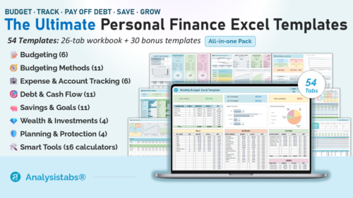 Ultimate Personal Finance Excel Templates – 54 tools: 26-tab workbook plus 30 bonus budget templates