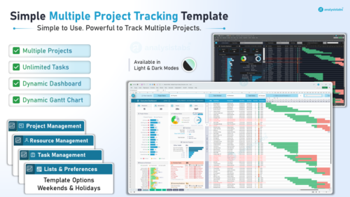 Simple Multiple Project Tracking Excel template v3 – portfolio dashboard and Gantt chart