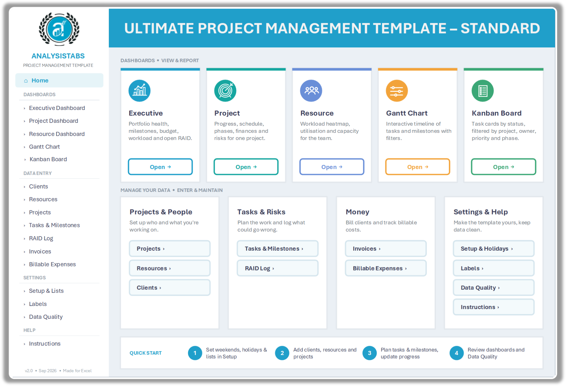 Excel project management template home page – sidebar menu, dashboard cards and quick start