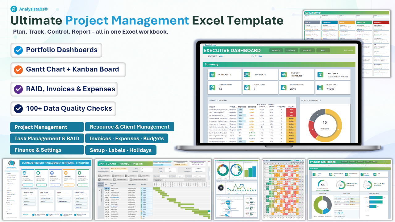 Ultimate Project Management Template v2.0 for Excel – dashboards, Gantt chart and Kanban board in one workbook